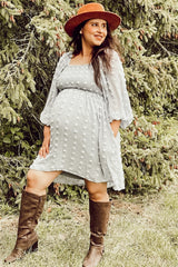 Light Blue Textured Dot Smocked Square Neck Chiffon Maternity Dress