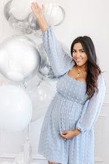 Light Blue Textured Dot Smocked Square Neck Chiffon Maternity Dress