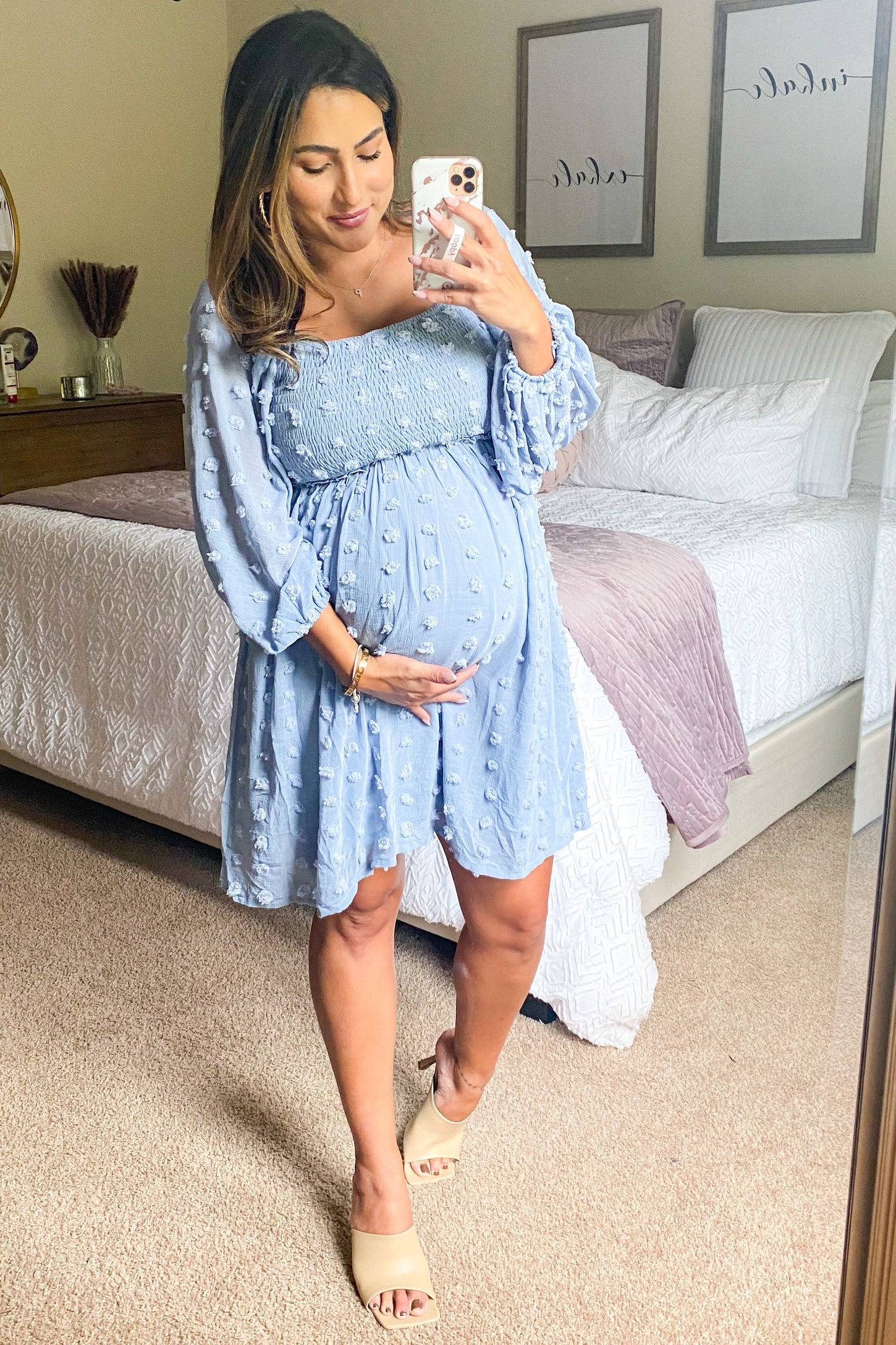 light blue textured dot smocked square neck chiffon maternity dress AISWI Women's 2023 Maternity Dress Summer Square Neck Smocked Long Dress Short Puff Sleeves Baby Shower Pregnancy, Swiss Dot, Light Blue, Small at Amazon Women's Clothing store