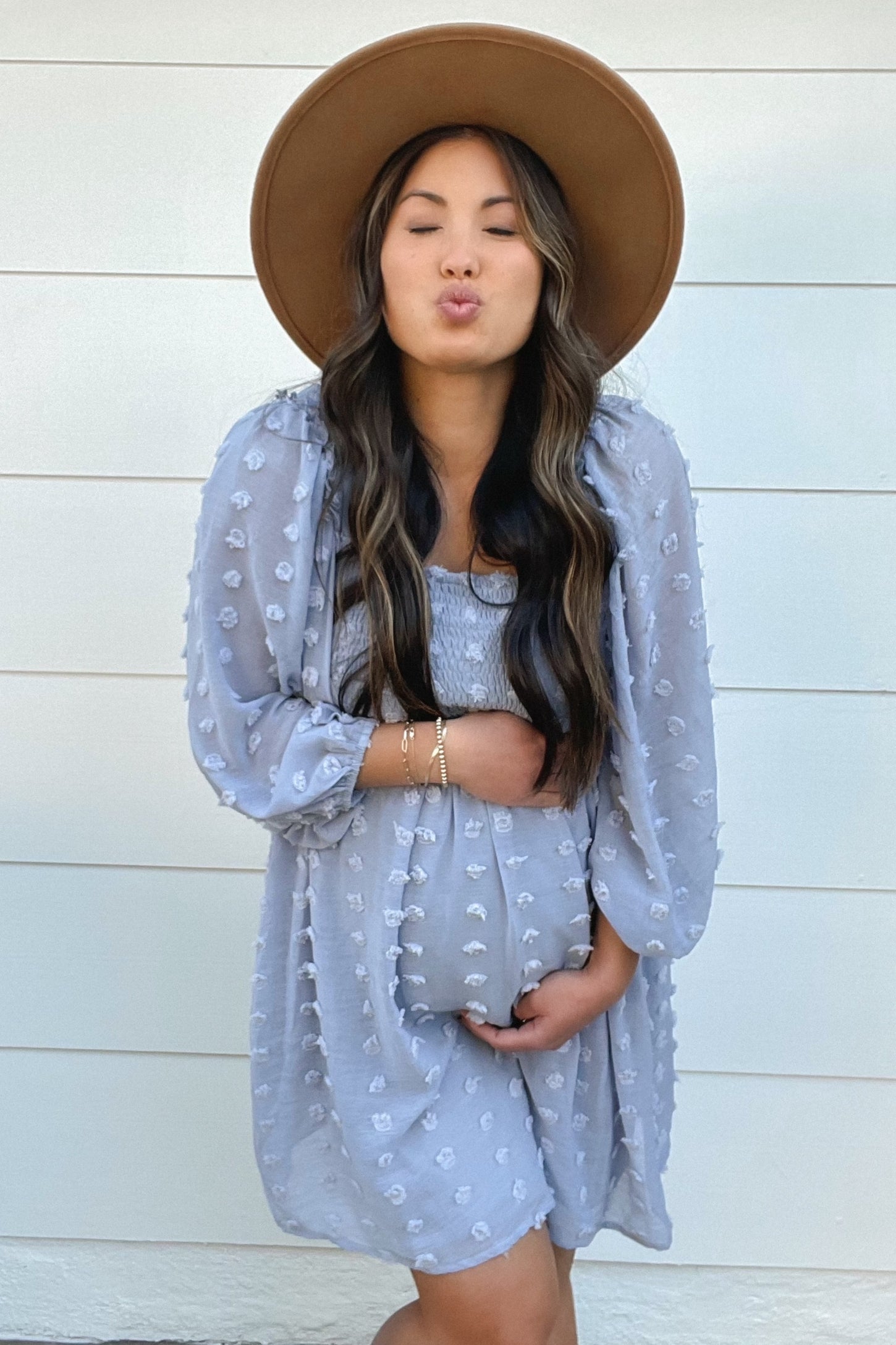 PinkBlush Light Blue Textured Dot Smocked Square Neck Chiffon Maternity Dress Medium