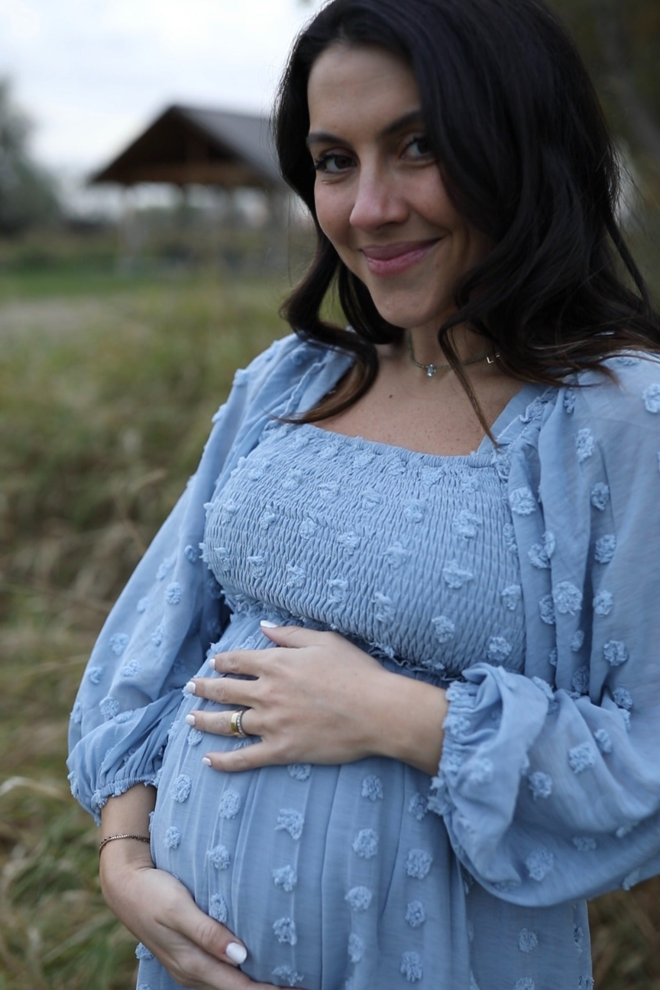 light blue textured dot smocked square neck chiffon maternity dress Light Blue Textured Dot Smocked Square Neck Chiffon Maternity Dress PinkBlush