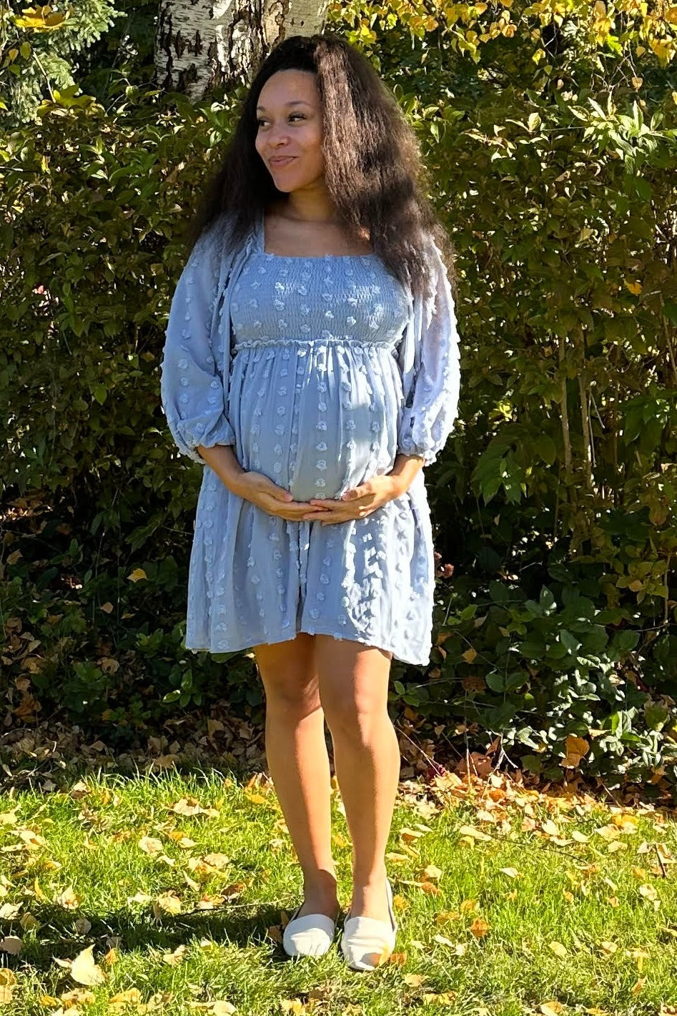 Light Blue Textured Dot Smocked Square Neck Chiffon Maternity Dress