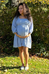 Light Blue Textured Dot Smocked Square Neck Chiffon Maternity Dress