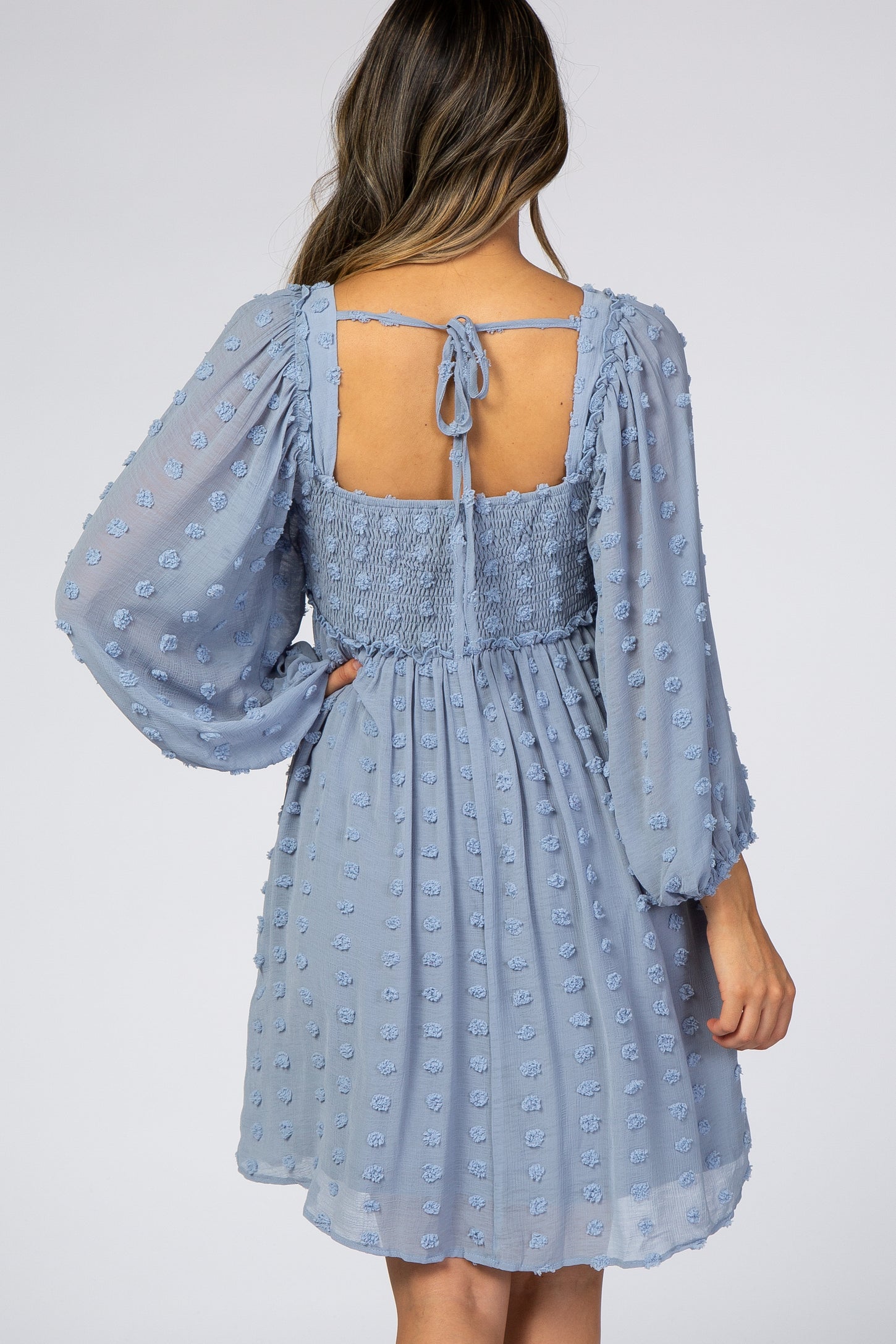 light blue textured dot smocked square neck chiffon maternity dress Pinkblush Light Blue Textured Dot Smocked Square Neck Chiffon Maternity Dress Medium