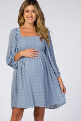 Light Blue Textured Dot Smocked Square Neck Chiffon Maternity Dress