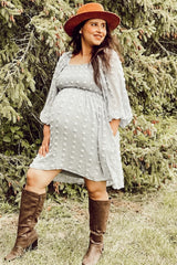 Light Blue Textured Dot Smocked Square Neck Chiffon Maternity Dress