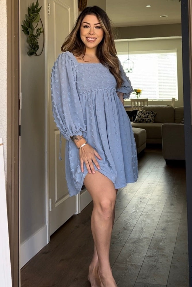 Light Blue Textured Dot Smocked Square Neck Chiffon Dress