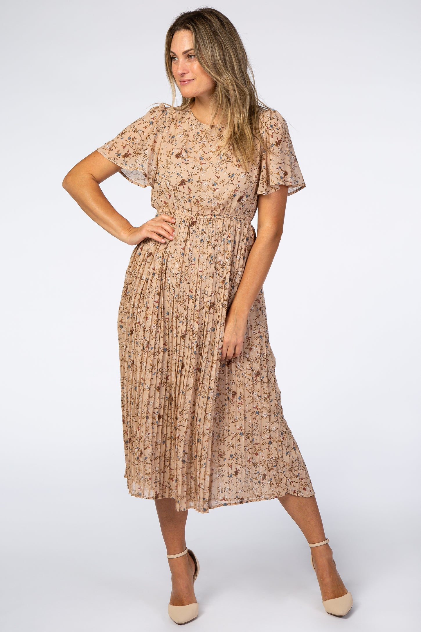 Beige Floral Pleated Chiffon Midi Dress from PinkBlush