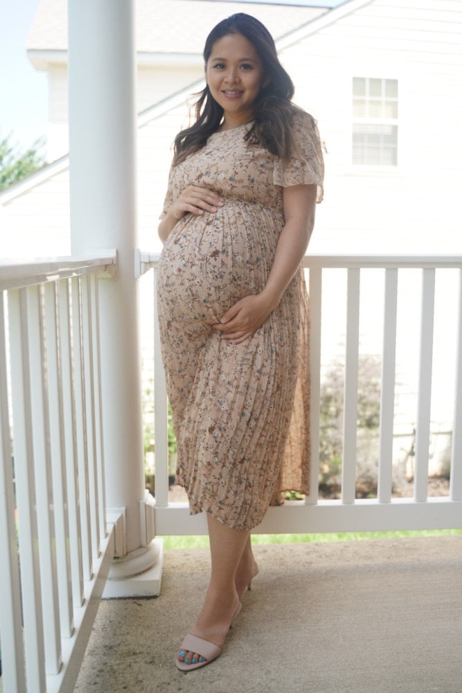 Beige Floral Pleated Short Sleeve Chiffon Maternity Midi Dress