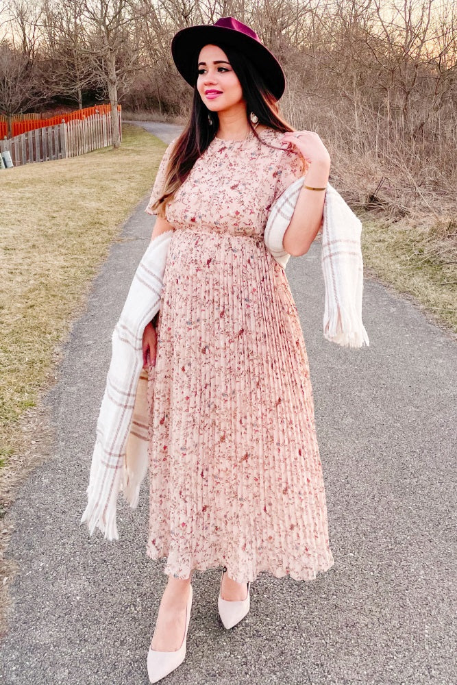 Beige Floral Pleated Chiffon Midi Dress PinkBlush Beige Floral Pleated Chiffon Midi Dress PinkBlush