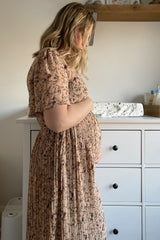 Beige Floral Pleated Short Sleeve Chiffon Maternity Midi Dress