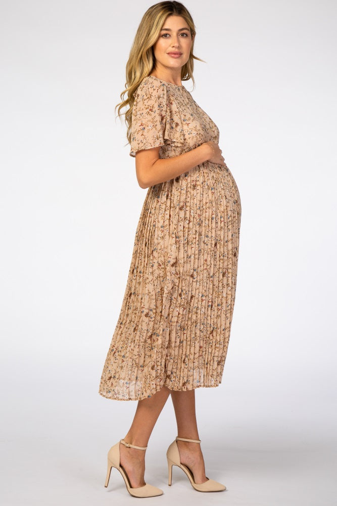 Beige Floral Pleated Chiffon Midi Dress from Pinkblush - Medium Beige Floral Pleated Chiffon Midi Dress from Pinkblush - Medium