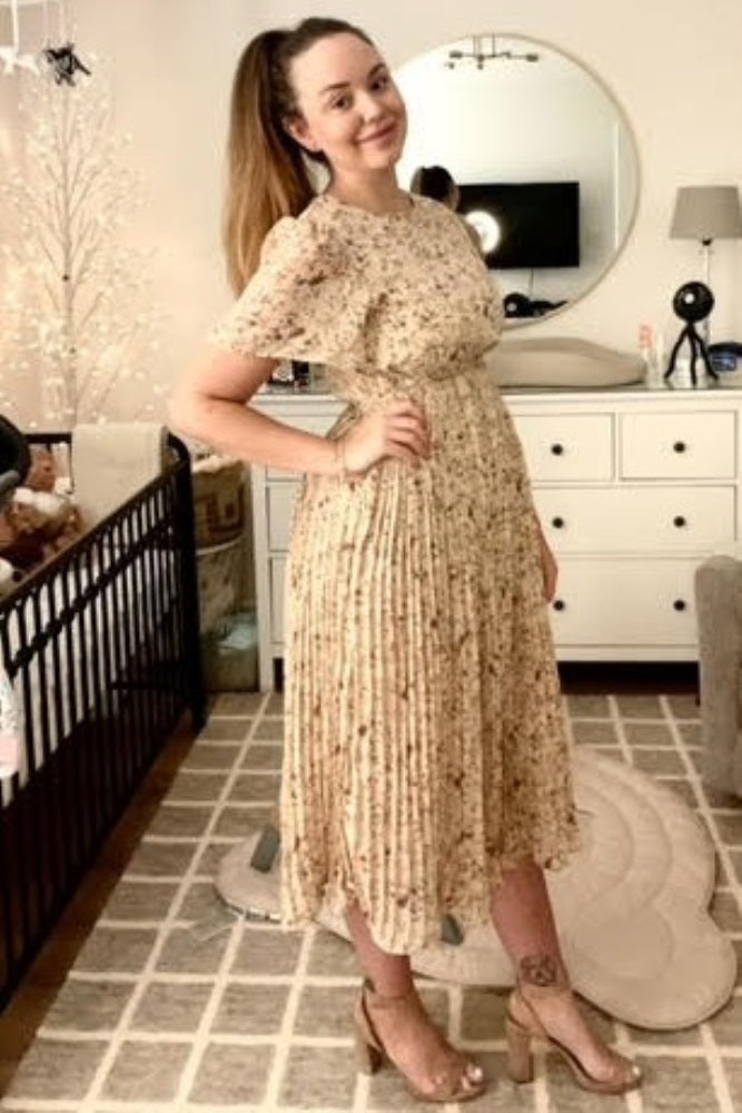 Beige Floral Pleated Chiffon Midi Dress PinkBlush Beige Floral Pleated Chiffon Midi Dress PinkBlush