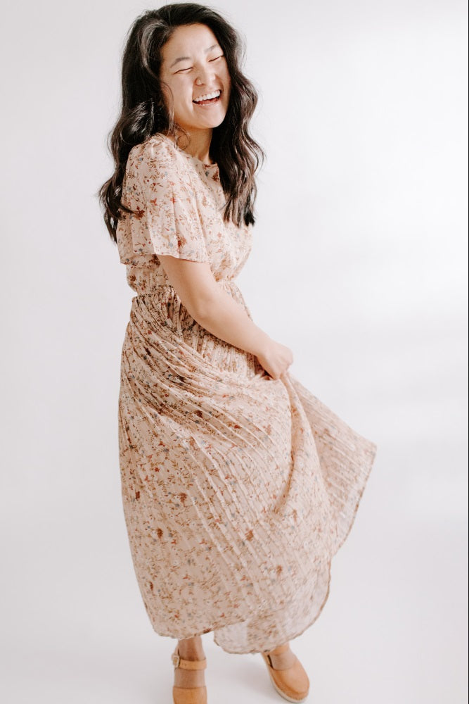 Beige Floral Pleated Chiffon Midi Dress PinkBlush Beige Floral Pleated Chiffon Midi Dress PinkBlush