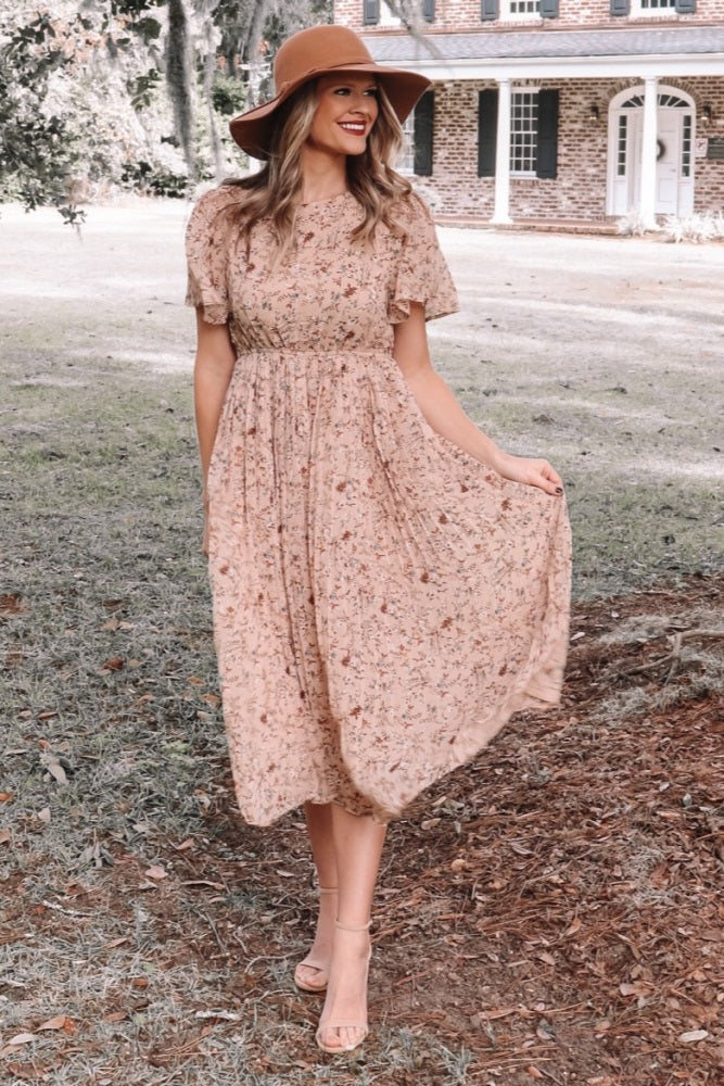 Beige Floral Pleated Chiffon Midi Dress PinkBlush Beige Floral Pleated Chiffon Midi Dress PinkBlush