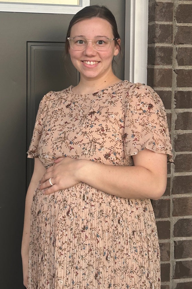 Beige Floral Pleated Short Sleeve Chiffon Maternity Midi Dress