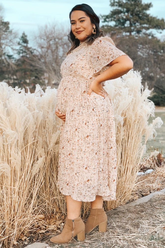 Beige Floral Pleated Chiffon Midi Dress from PinkBlush