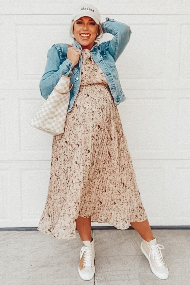 Beige Floral Pleated Short Sleeve Chiffon Maternity Midi Dress