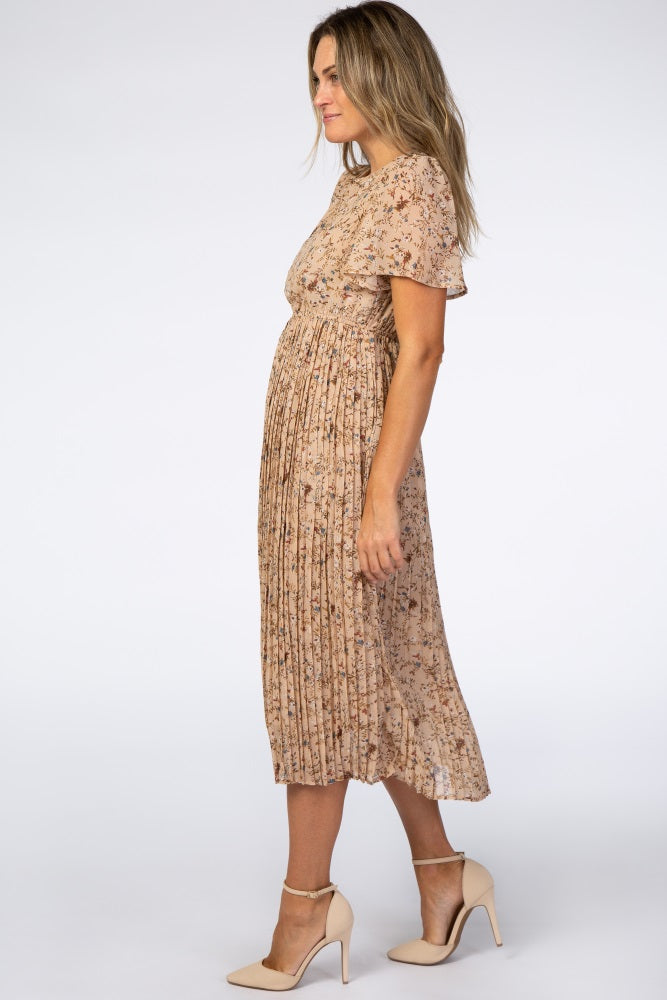 Beige Floral Pleated Chiffon Midi Dress Beige Floral Pleated Chiffon Midi Dress