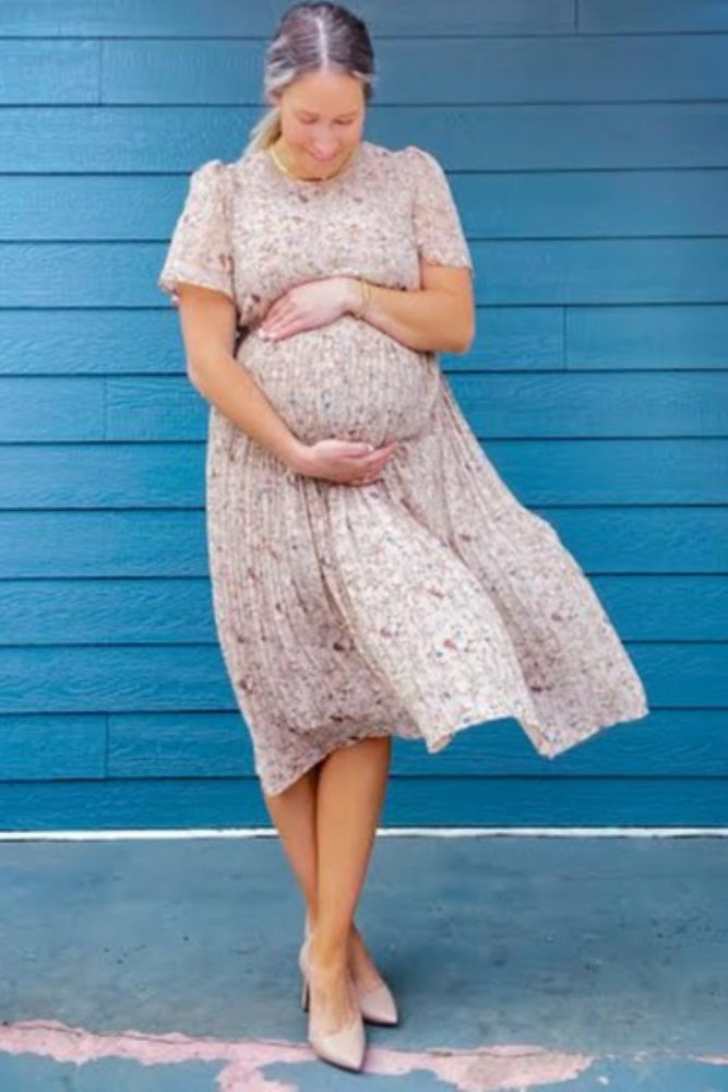 Beige Floral Pleated Short Sleeve Chiffon Maternity Midi Dress PinkBlush Beige Floral Pleated Short Sleeve Chiffon Maternity Midi Dress PinkBlush