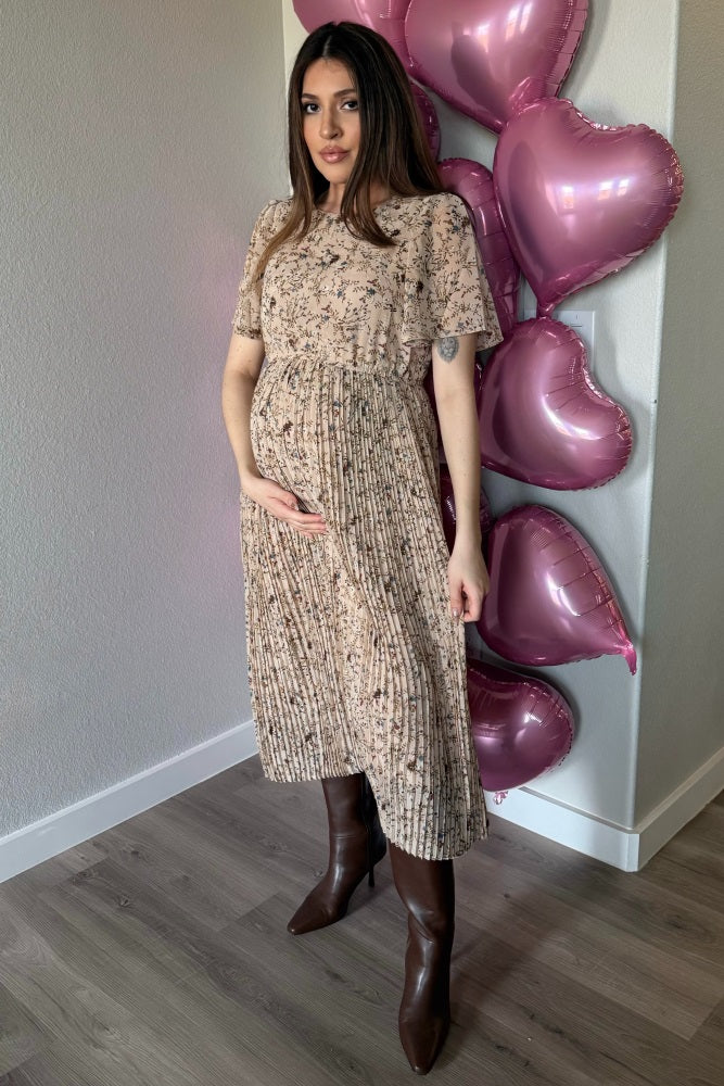 Beige Floral Pleated Short Sleeve Chiffon Maternity Midi Dress