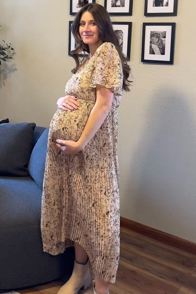 Beige Floral Pleated Short Sleeve Chiffon Maternity Midi Dress PinkBlush Beige Floral Pleated Short Sleeve Chiffon Maternity Midi Dress PinkBlush