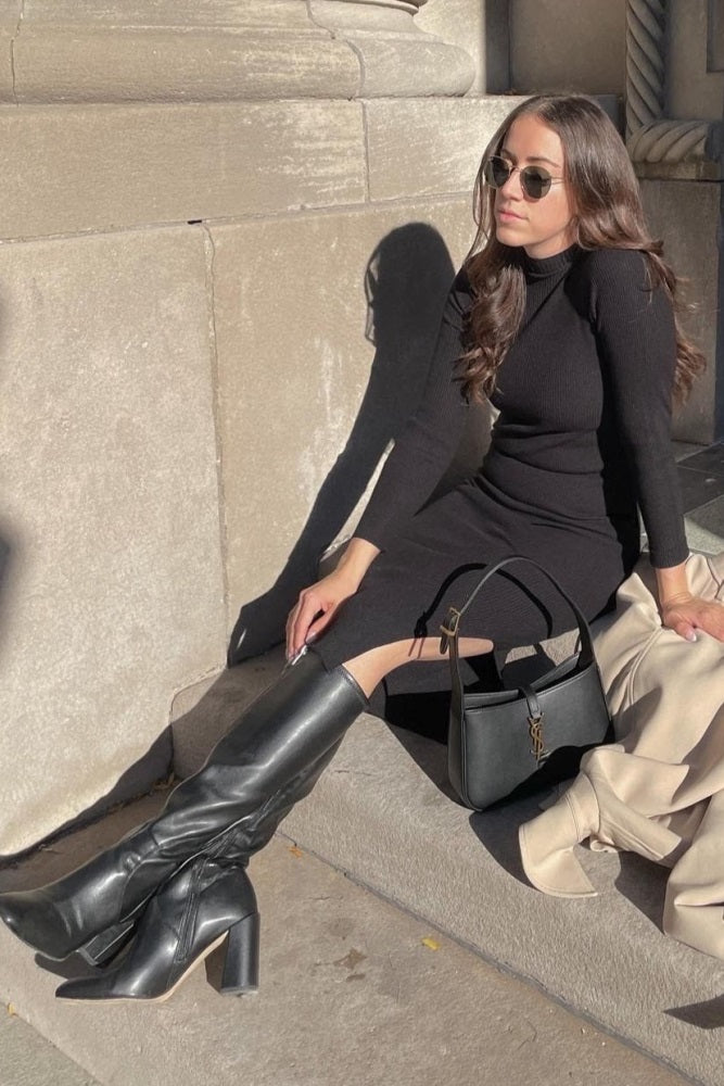 Black Ribbed Fitted Mock Neck Long Sleeve Midi Dress