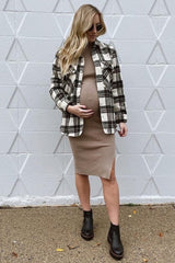 Taupe Ribbed Fitted Mock Neck Long Sleeve Maternity Midi Dress
