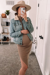Taupe Ribbed Fitted Mock Neck Long Sleeve Maternity Midi Dress
