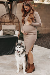 Taupe Ribbed Fitted Mock Neck Long Sleeve Maternity Midi Dress