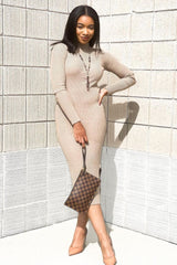 Taupe Ribbed Fitted Mock Neck Long Sleeve Midi Dress