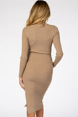 Taupe Ribbed Fitted Mock Neck Long Sleeve Maternity Midi Dress