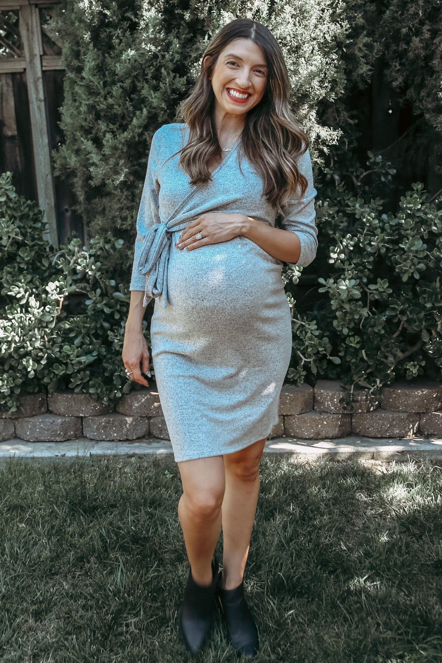 Heather Grey Brushed Knit Wrap Fitted Maternity/Nursing Dress PinkBlush Heather Grey Brushed Knit Wrap Fitted Maternity/Nursing Dress PinkBlush