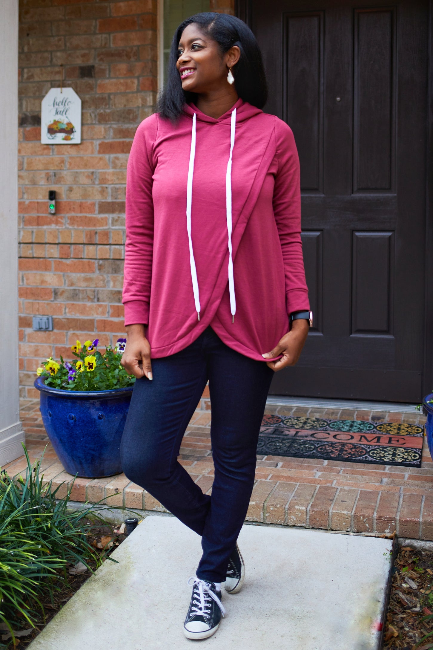Red Layered Front Nursing Fleece Hoodie