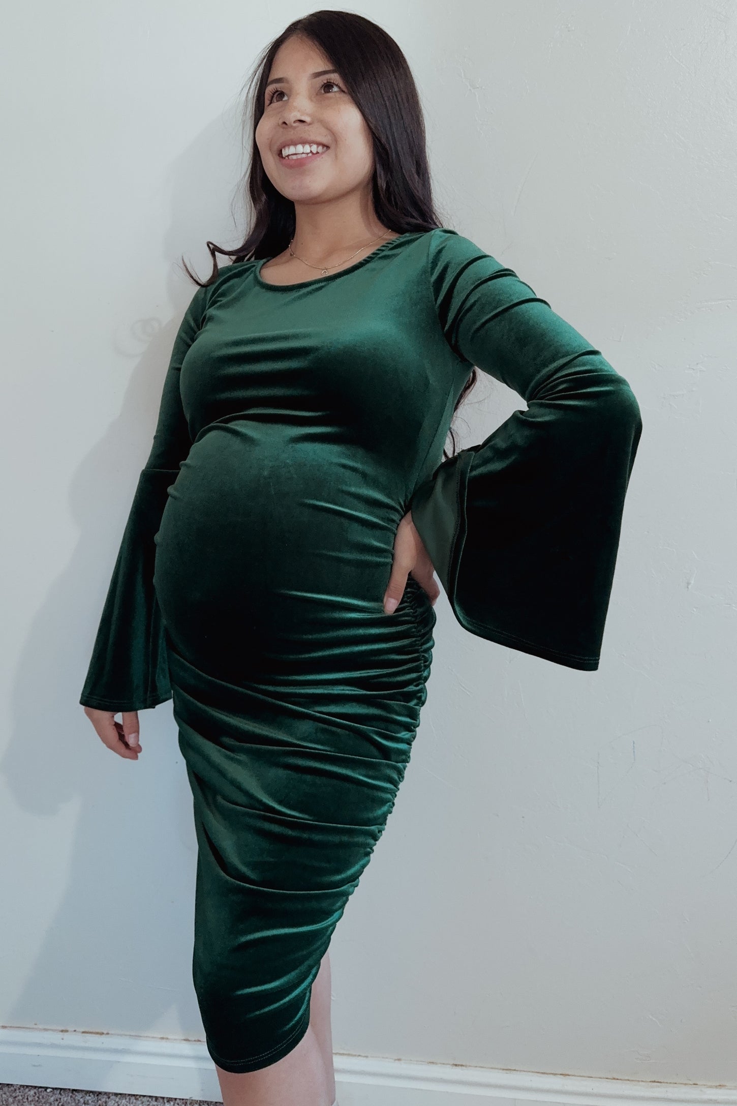 Forest Green Velvet Ruched Bell Sleeve Maternity Dress PinkBlush Forest Green Velvet Ruched Bell Sleeve Maternity Dress PinkBlush