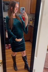 Forest Green Velvet Ruched Bell Sleeve Maternity Dress