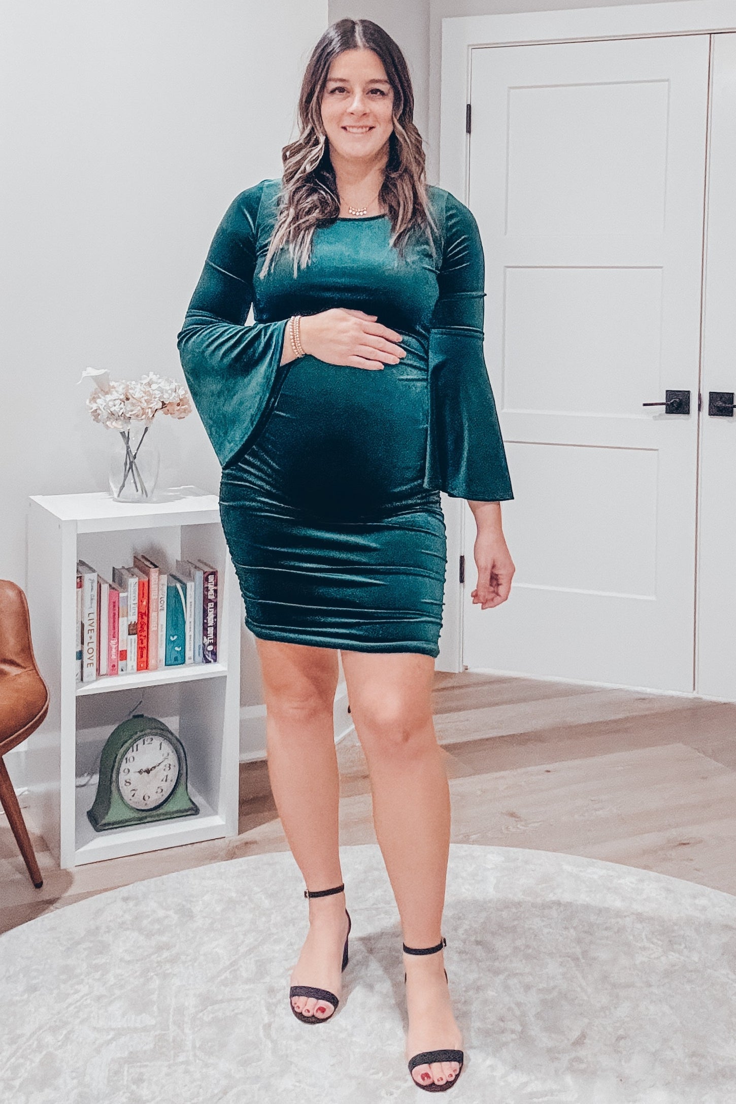 Velvet Winter Maternity Gowns Forest Green Velvet Ruched Bell Sleeve Maternity Dress PinkBlush Velvet Winter Maternity Gowns Forest Green Velvet Ruched Bell Sleeve Maternity Dress PinkBlush