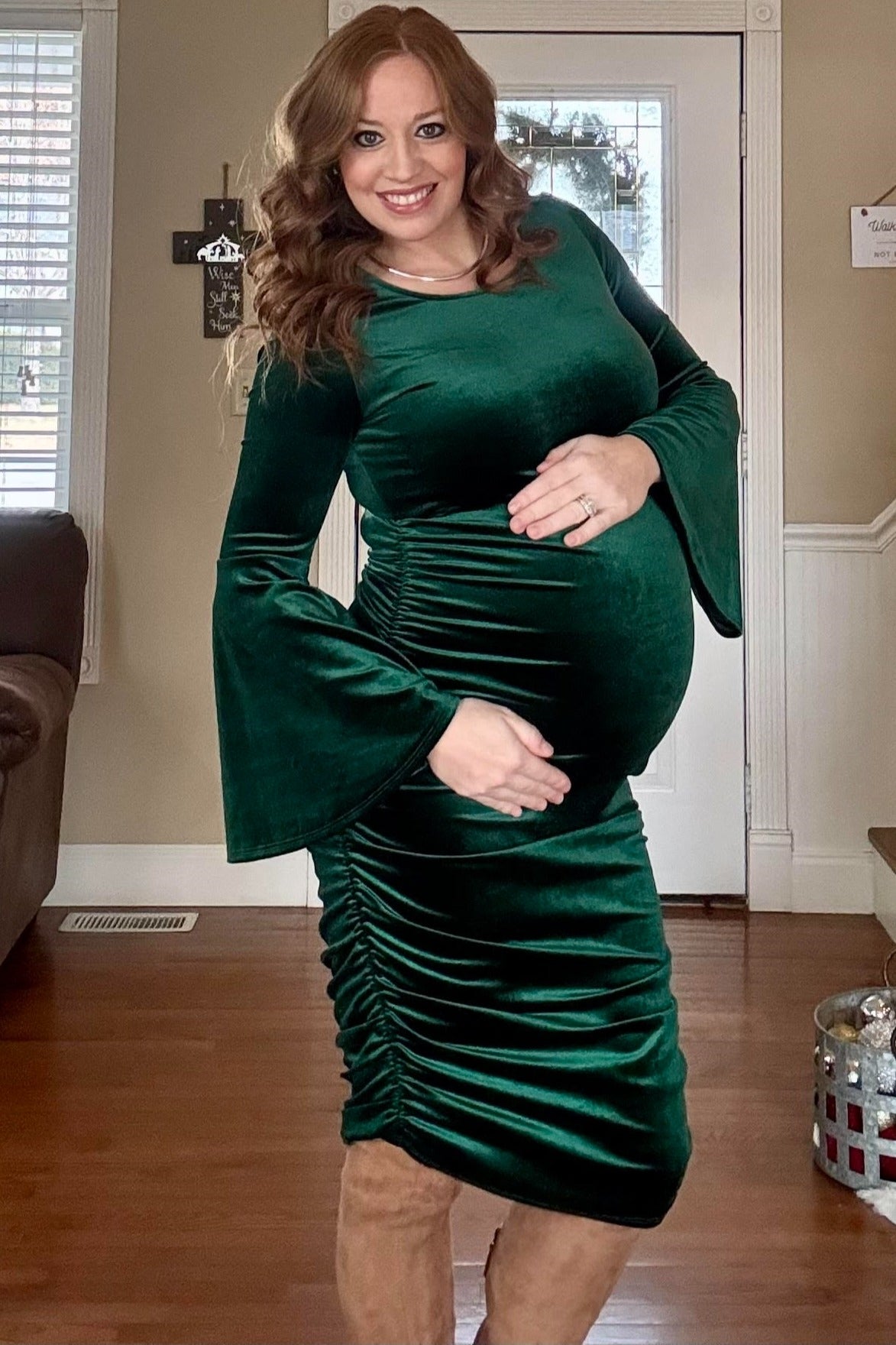 Forest Green Velvet Ruched Bell Sleeve Maternity Dress PinkBlush Forest Green Velvet Ruched Bell Sleeve Maternity Dress PinkBlush