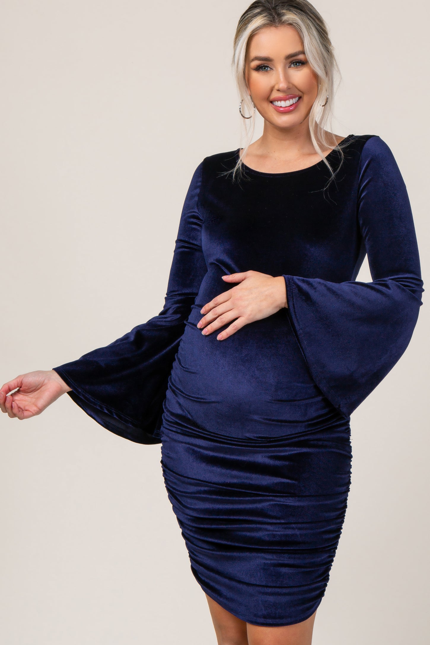 Navy Blue Velvet Ruched Bell Sleeve Maternity Dress Navy Blue Velvet Ruched Bell Sleeve Maternity Dress