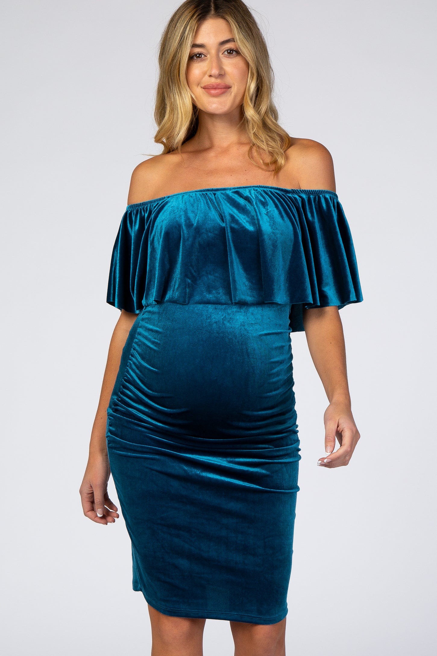 Teal Velvet Off Shoulder Fitted Maternity Dress PinkBlush Teal Velvet Off Shoulder Fitted Maternity Dress PinkBlush