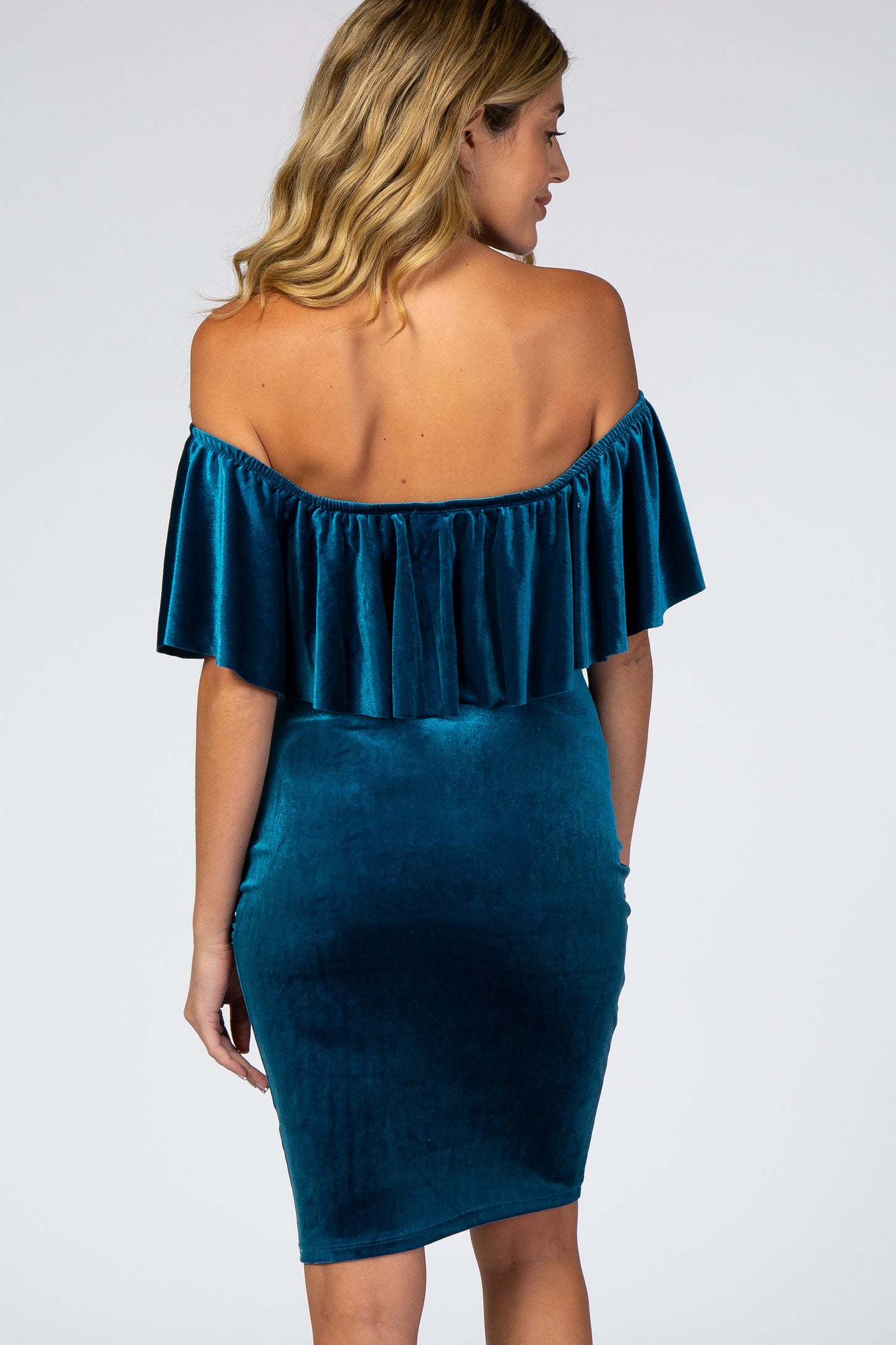 Teal Velvet Off Shoulder Fitted Maternity Dress PinkBlush Teal Velvet Off Shoulder Fitted Maternity Dress PinkBlush