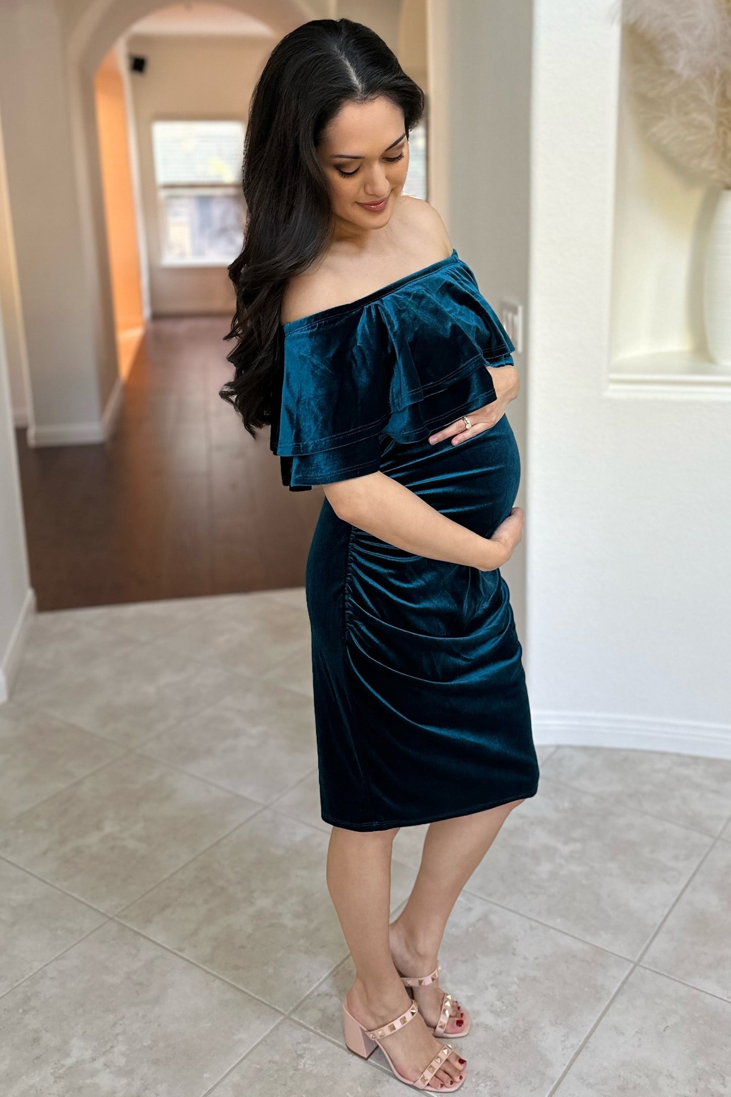 off the shoulder fitted maternity dress HATCH Collection The Softsculpt Knit Off The Shoulder Dress in Black