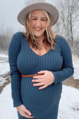 Blue V-Neck Long Sleeve Fitted Maternity Maxi Dress