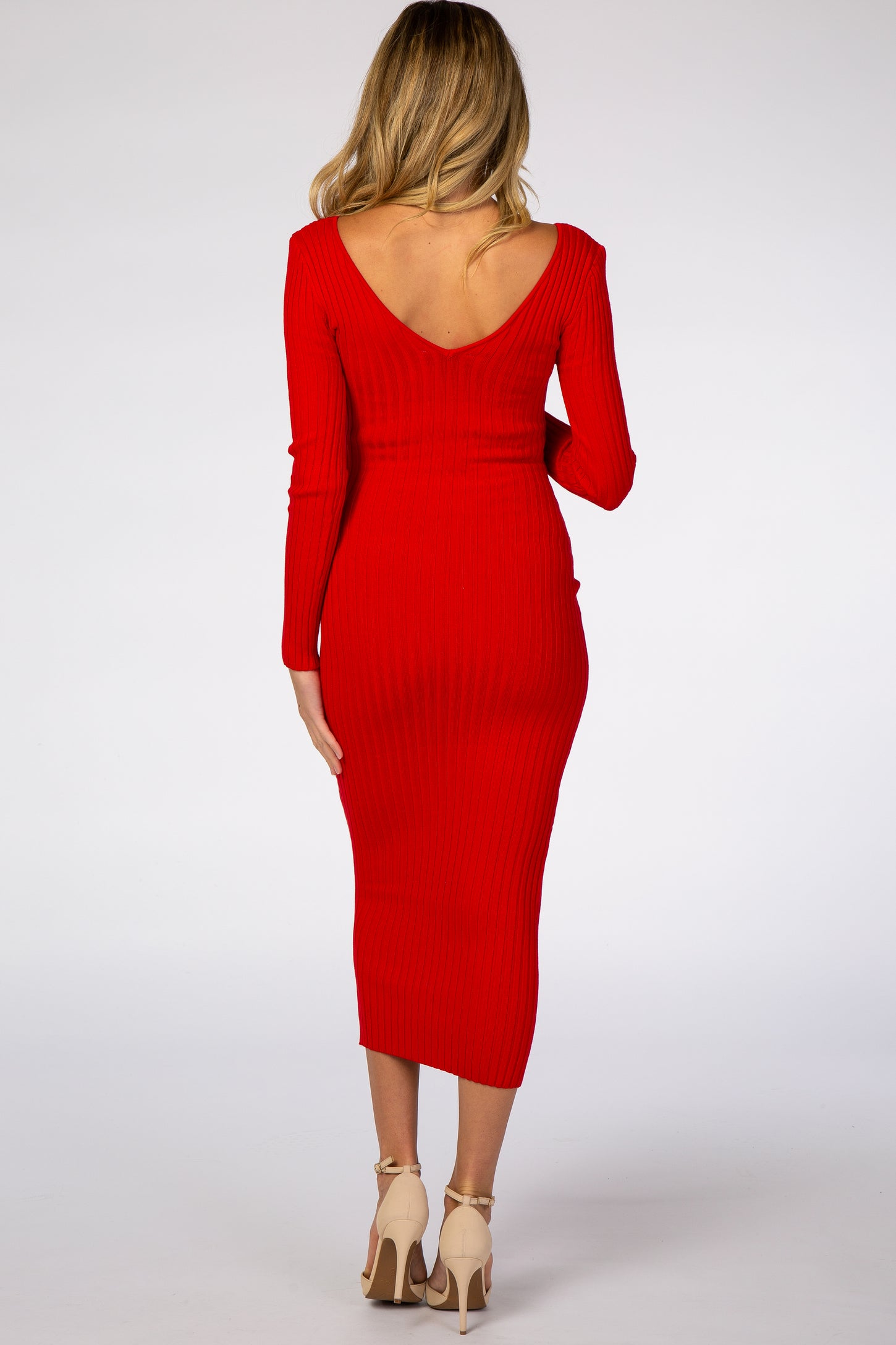 Red V-Neck Long Sleeve Fitted Maternity Maxi Dress PinkBlush Red V-Neck Long Sleeve Fitted Maternity Maxi Dress PinkBlush