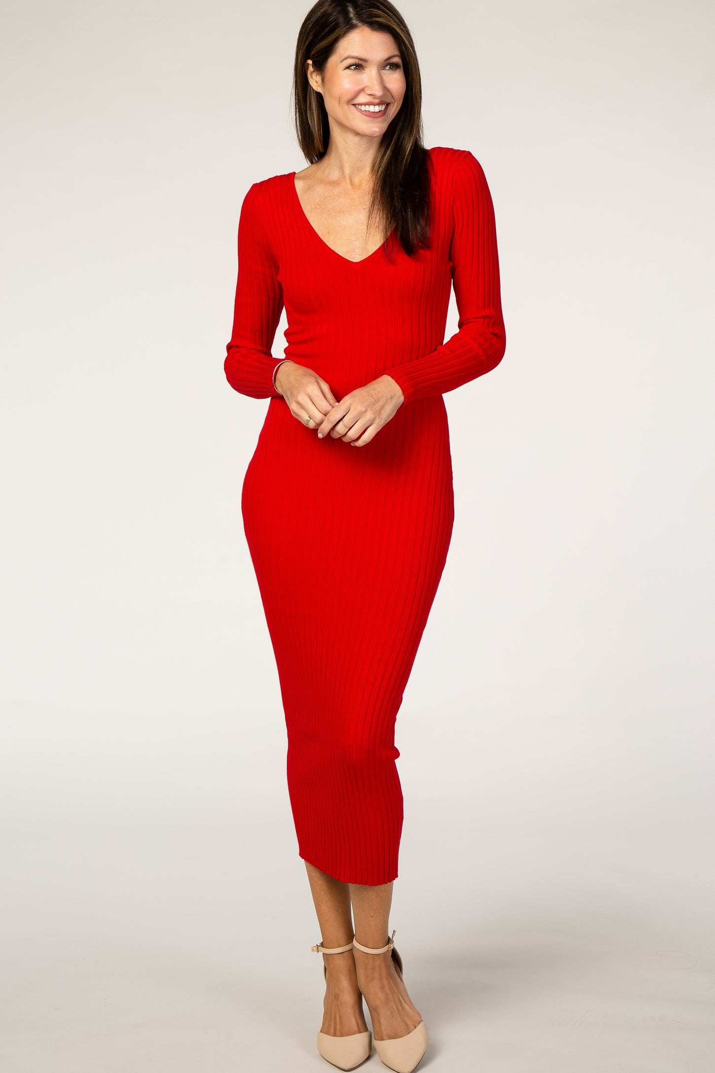 Red V-Neck Long Sleeve Fitted Maternity Maxi Dress PinkBlush Red V-Neck Long Sleeve Fitted Maternity Maxi Dress PinkBlush