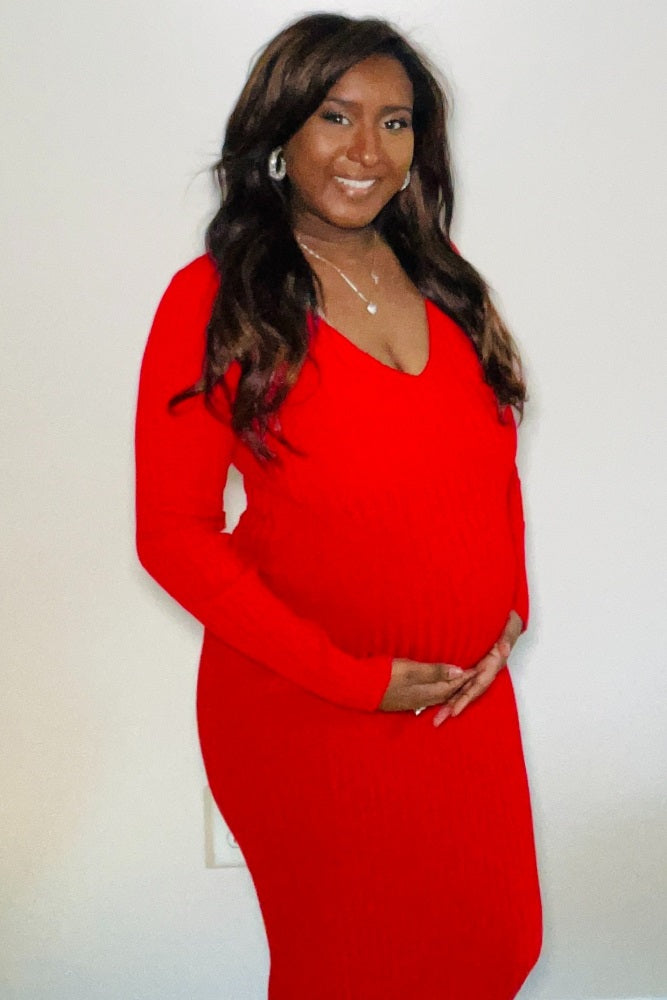 Pinkblush Red V-Neck Long Sleeve Fitted Maternity Maxi Dress Medium