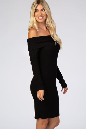 Black Soft Ribbed Folded Neck Off Shoulder Dress