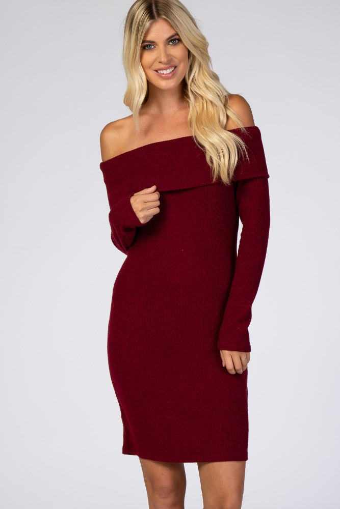 Burgundy Soft Ribbed Folded Neck Off Shoulder Maternity Dress