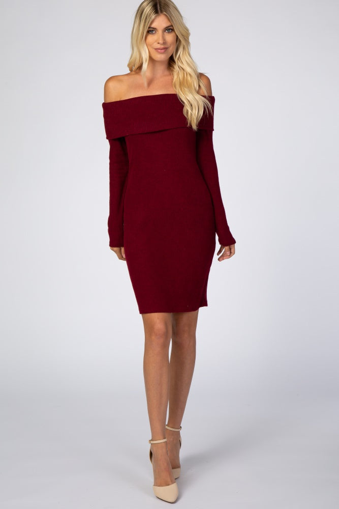 Burgundy Soft Ribbed Folded Neck Off Shoulder Dress PinkBlush Burgundy Soft Ribbed Folded Neck Off Shoulder Dress PinkBlush