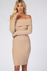 Mocha Soft Ribbed Folded Neck Off Shoulder Maternity Dress